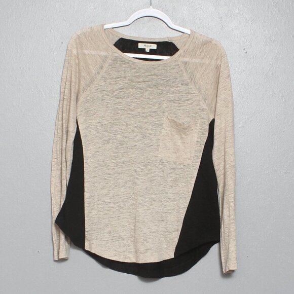 Madewell linen color block black beige pocket long sleeve top - Picture 1 of 5